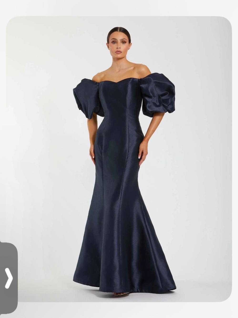 Mac Duggal Navy One-Shoulder Gown with Dramatic Puff Sleeves